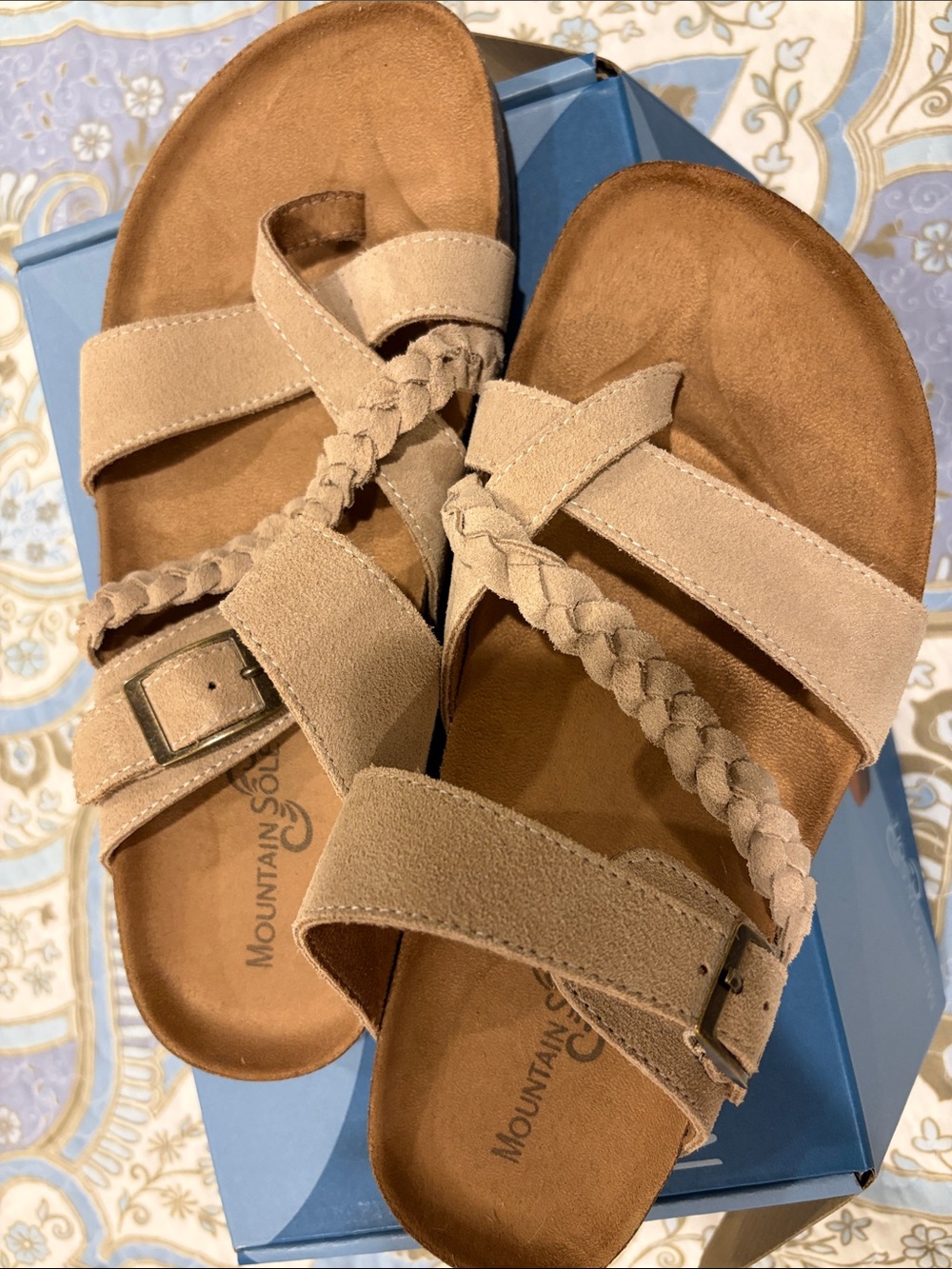 Braided Suede Slide Sandals in Tan